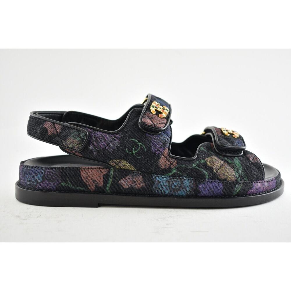 Chanel 21A Black Denim Graffiti CC Logo Mule Slide Strap Flat Dad Sandal 35.5 - Picture 3 of 11